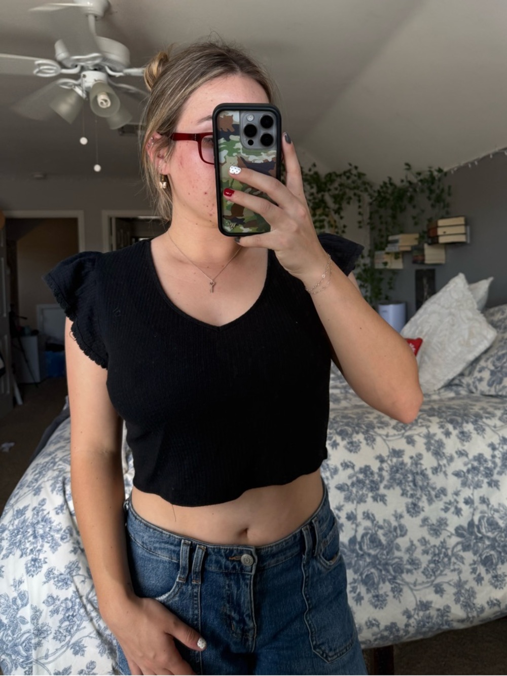 Forever 21 Black Ribbed V-Neck Crop Top with Flutter Sleeves